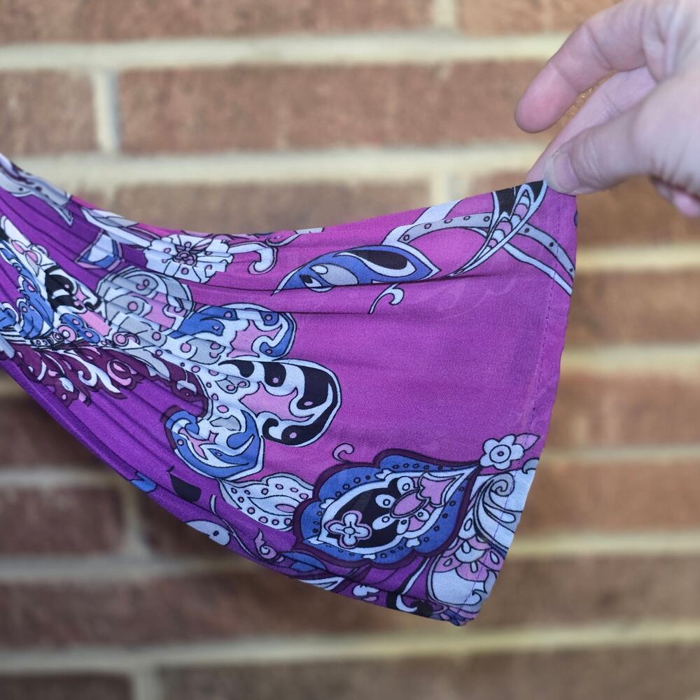 Sunny Leigh Pleated Ruffle Blouse M Purple Floral Paisley Long Sleeve Boho - Picture 4 of 7